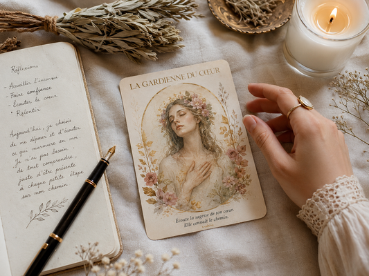 Carte d'oracle gardienne du coeur avec carnet de note pour la guidance et bougie